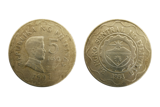 Philippine 5 piso coin 1997, made of Nickel - brass, Portrait of Emilio Aguinaldo facing right, Central Bank seal within circle and gear design