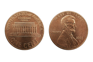 United states of america 1 cent 2005 coin, made of Copper plated zinc, portrait in right profile of Abraham Lincoln, LIBERTY, IN GOD WE TRUST, Lincoln Memorial