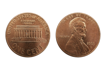 United states of america 1 cent 2005 coin, made of Copper plated zinc, portrait in right profile of Abraham Lincoln, LIBERTY, IN GOD WE TRUST, Lincoln Memorial