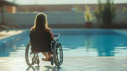 Health issues and people with disability, young woman on wheelchair sitting near swimming pool and using digital tablet - Powered by Adobe