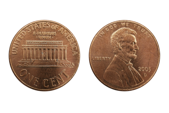 United states of america 1 cent 2005 coin, made of Copper plated zinc, portrait in right profile of Abraham Lincoln, LIBERTY, IN GOD WE TRUST, Lincoln Memorial