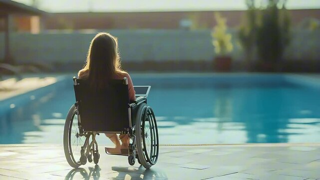 Health issues and people with disability, young woman on wheelchair sitting near swimming pool and using digital tablet - Powered by Adobe