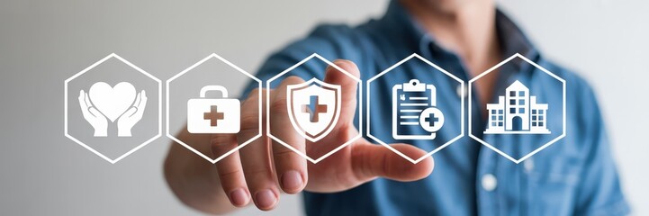 A hand interacts with a digital interface showcasing healthcare icons.