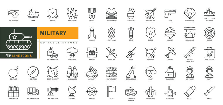 Minimalist Military line icons set with editable stroke, featuring helicopter, tank, shield, conflict, medal, missile, body armor, grenade, badge, helmet, rifle, pilot, war. thin linear illustration.