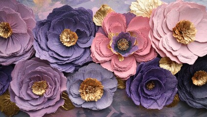 Layered, textured paper flowers in shades of purple, pink, and gold, arranged in a decorative display