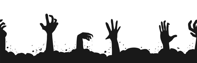 Zombie hand border, monster hand halloween silhouette rising arms. Halloween silhouette with clawed monster hands, ghostly figures, and evil shadows for scary vector banners and nightmarish scenes.