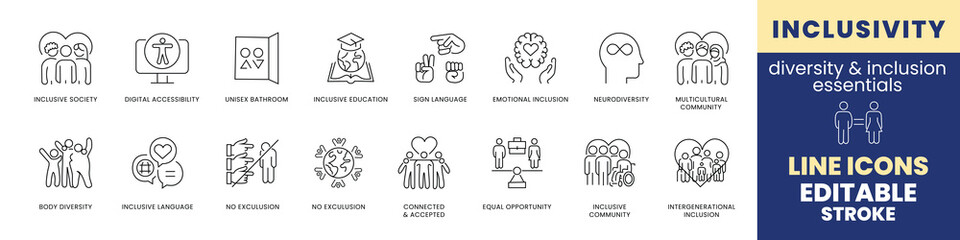 Inclusivity Icons: A comprehensive collection of line icons representing various facets of inclusivity, diversity, and equality. Featuring symbolic representations of various inclusion concepts. 