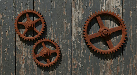 Rusty gears on weathered wood background industrial antique steampunk