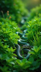 Obraz premium A lush green meadow, deceptively serene, conceals a network of subtly interwoven, slumbering snakes, representing the duality of peaceful appearances masking hidden truths , harmony, secret, untamed