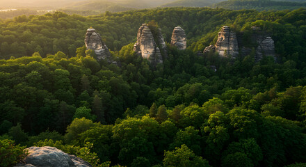 Majestic Sunrise Over Sandstone Cliffs Lush Green Forest