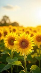 Fototapeta premium A vibrant yellow field of sunflowers basking in the warm sunlight, symbolizing optimism and a bright future Perfect for themes of positivity, growth, and new beginnings , countryside, warm, floral