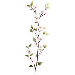 Delicate blossom branch with pastel flowers and leaves on transparent background, cut out, PNG 3D Digital Art, clip art,