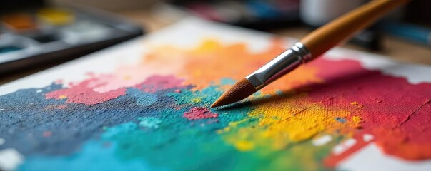 Obraz premium Close-up of a paintbrush delicately resting on a vibrant canvas, surrounded by art supplies; a serene scene capturing the essence of creative leisure , relaxation, art supplies