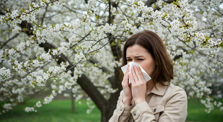 Woman sneezing near blossoming tree spring allergies