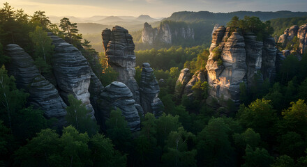 Majestic Sunrise Over Sandstone Rock Formations in Bohemian Switzerland