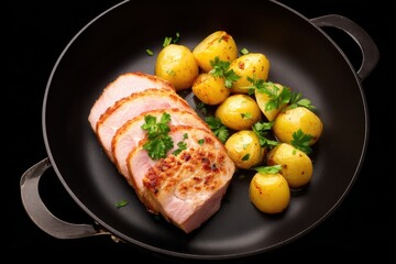 Grilled Ham with Roasted Baby Potatoes in Pan – Top View of Rustic Western Dinner