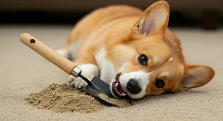 Adorable Corgi Puppy Playing with Garden Trowel in Sand