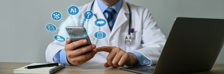 Medical professional using a smartphone with digital health icons.