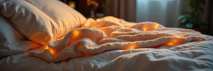 Fototapeta premium Cozy warm electric blanket draped over a bed, soft plush texture, ready for a relaxing sleep Perfect for chilly nights , bedding, wool