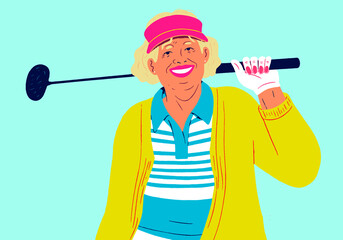 Illustration of a smiling woman holding a golf club, wearing a visor and glove, representing an active retirement lifestyle.