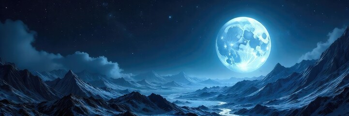 Ethereal, silvery moonlight bathes a fantastical landscape, celestial bodies shimmering in a vast, dark universe Perfect for fantasy, sci-fi, or dreamlike projects , infinite, silver light