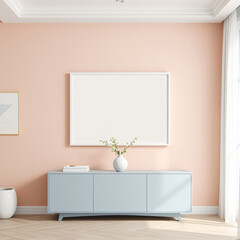 Blank picture frame mockup in dining room elegant pastel plaster wall design mid-century modern style above buffet showcasing wall art beautifully designed 3D rendering for artistic home decor inspira