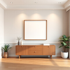 empty picture frame mockup in a stylish dining room beautiful textured plaster wall in soft pastel tones modern mid-century decor ideal for wall art display versatile interior design inspiration high 