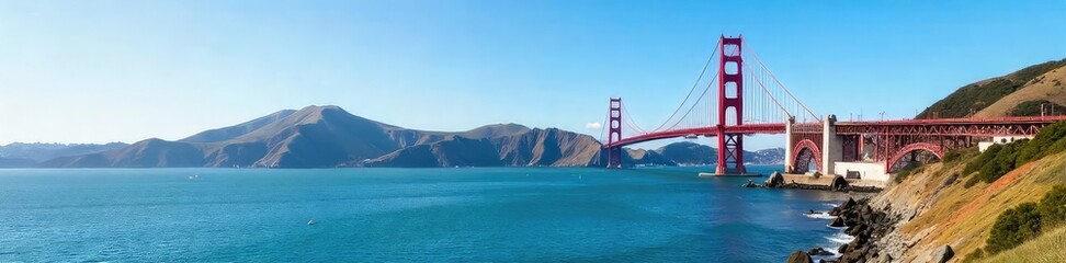 Obraz premium Iconic Golden Gate Bridge spanning the bay, bathed in sunlight, with clear blue sky and calm water A stunning view of San Francisco's landmark structure , iconic, landmark