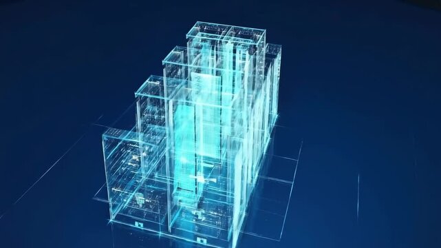 Futuristic Transparent Building Blueprint in 3D Holographic Architectural Design