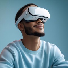 A modern, realistic portrait of a young adult man wearing a sleek, futuristic white virtual reality (VR) headset. He has a short beard and is dressed in a casual light blue sweatshirt and a white cap.