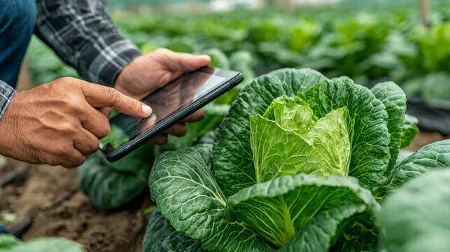 A man, a farmer, using a smartphone in the garden. He holds the device over the green plants, carefully examining or analyzing them. The use of technology to control or care for plants.