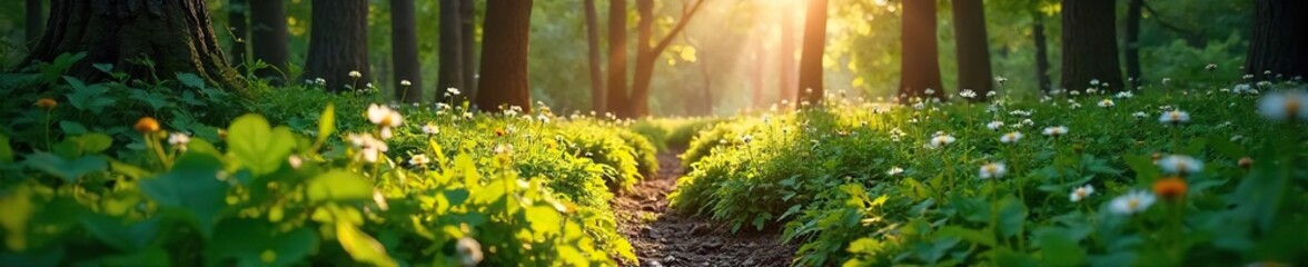 Sun-Dappled Woodland Wildflowers Tranquil Forest Scene with Lush Greenery and Sunlight
