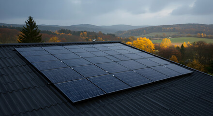 Solar Panels on House Roof Autumn Landscape Clean Energy