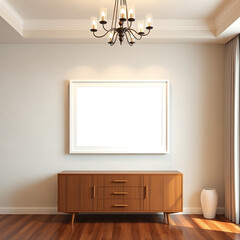 frame mockup for dining room wall art above buffet in a2 landscape size textured plaster wall in pastel tones embracing mid century modern aesthetic stylish interior design inspirational decor 3d rend