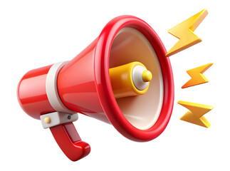 A dynamic 3D render of a red and white megaphone, accented with bold yellow lightning bolts. Isolated on white or transparent background. PNG format.