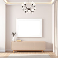 frame mockup for wall art in a dining room showcasing an elegant a2 landscape design featuring a textured plaster wall in soft pastel tones with a mid-century modern aesthetic 3d render display