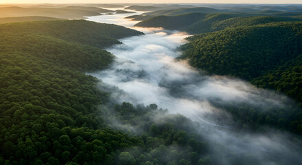 Misty Mountain Valley Sunrise Aerial View Breathtaking Scenery