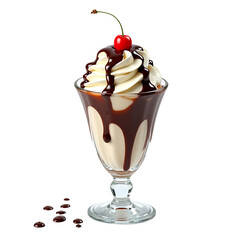 Delicious vanilla ice cream sundae glistens with chocolate syrup and is topped with a bright red cherry against black.