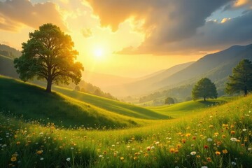 Obraz premium Serene landscape bathed in golden sunlight, conveying peace and spiritual protection; ideal for meditation, mindfulness, and spiritual growth imagery , shield, positive vibes