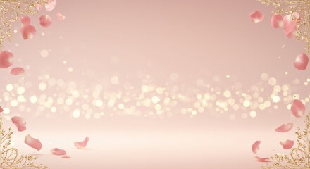 Fototapeta premium Soft pink to ivory gradient background with floating rose petals, gold sparkles and bokeh lights