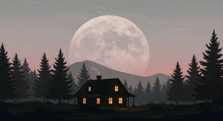 Cozy Cabin Moonlight Forest Night Peaceful Scene
