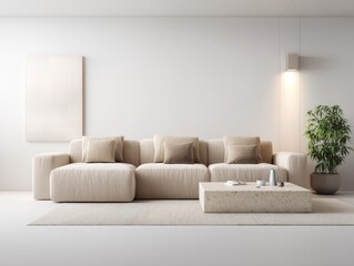 Minimalist living room with beige sectional sofa, low coffee table, and neutral d?cor on a light rug against a white wall
