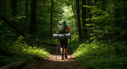 Man Hiking Through Lush Green Forest Trail Backpacker Adventure