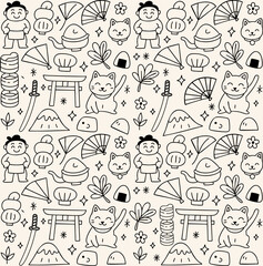Charming seamless doodle pattern featuring cute Japanese cultural icons: sumo wrestlers, Maneki-neko cats, sushi, fans, Mount Fuji & more on beige. Perfect for kids' decor, textiles, & stationery