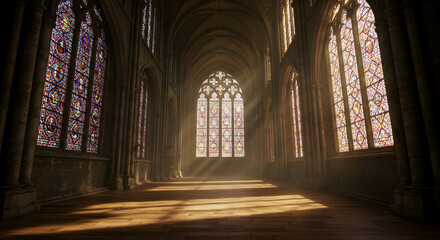 Sunlit Gothic Cathedral Aisle Tranquil Ancient Architecture