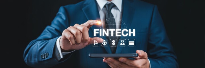 Businessman interacting with a fintech interface on a tablet.