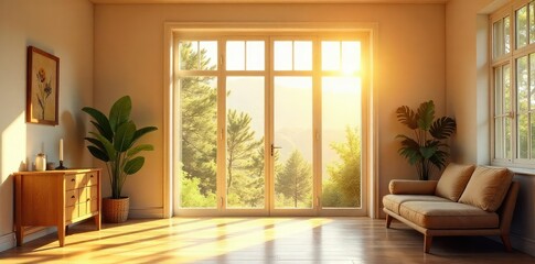 Warm sunlight streams through a large window, illuminating a bright and welcoming interior space, perfect for a fresh start or a new beginning , furniture, new