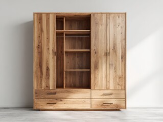 A large, light-brown wooden wardrobe with four doors, open center revealing shelves and hanging rods, and three drawers at the base, stands against a white wall. Sunlight streams in from a window
