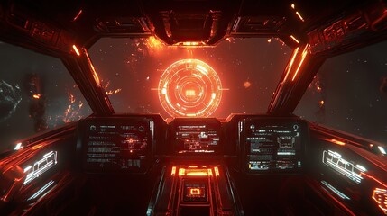 Futuristic Spaceship Cockpit with Red Holographic Control Panel