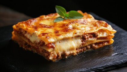 Baked lasagna slice, melted cheese
